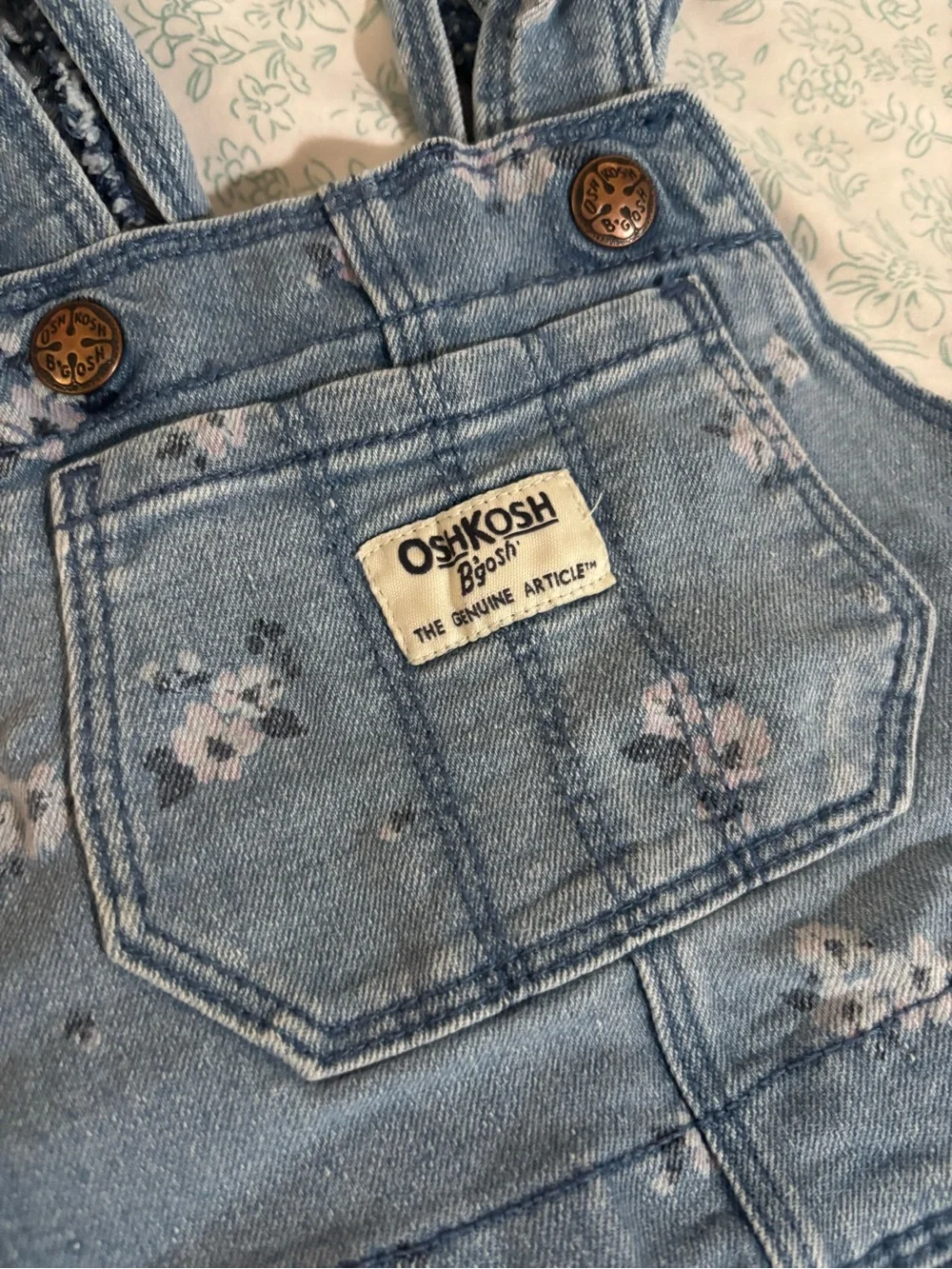 OshKosh B'gosh Light Blue Denim Overalls with Subtle Pink Floral Print